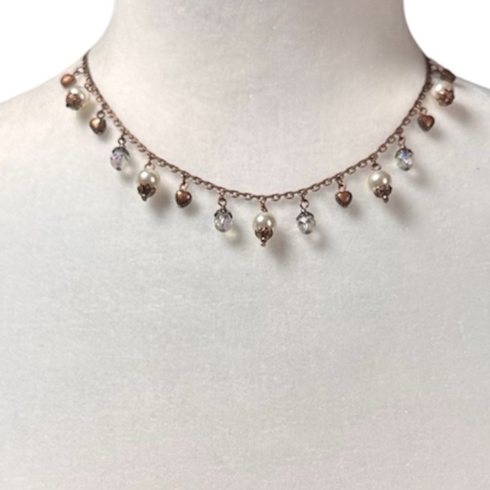 Victorian Revival Style Copper Tone Chain Pearls Chrystal Hearts Necklace